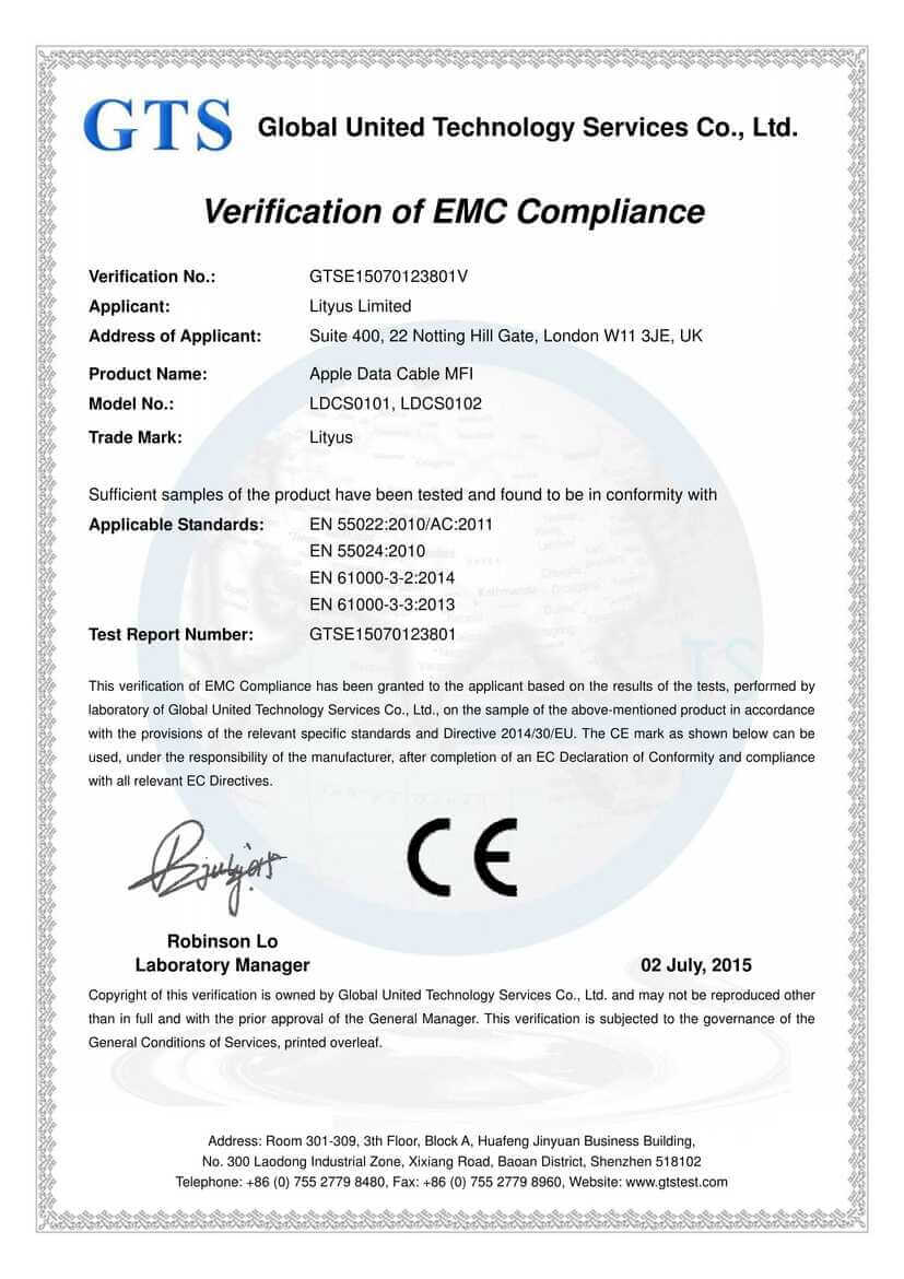 <p>Lityus Apple Data Cable MFI Lightning CE Certificate</p>