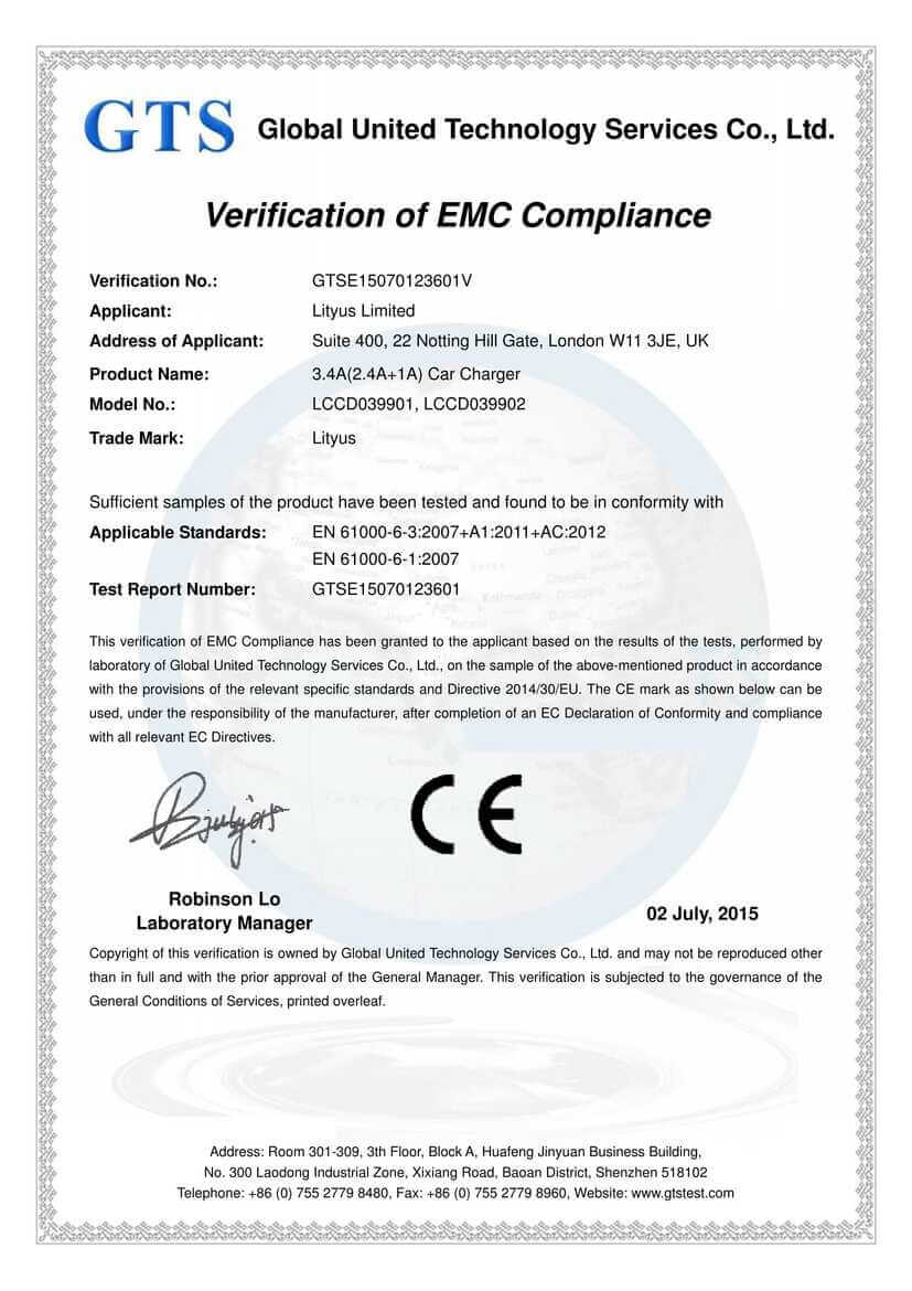 <p>Lityus Car Charger Dual USB 3.4A EMC CE Certificate</p>