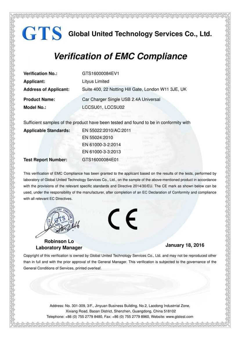 <p>Lityus Car Charger Single USB 2.4A Universal EMC CE Certificate</p>