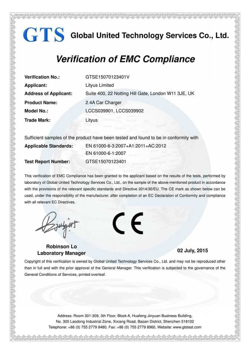 <p>Lityus Car Charger Single USB 2.4A EMC CE Certificate</p>