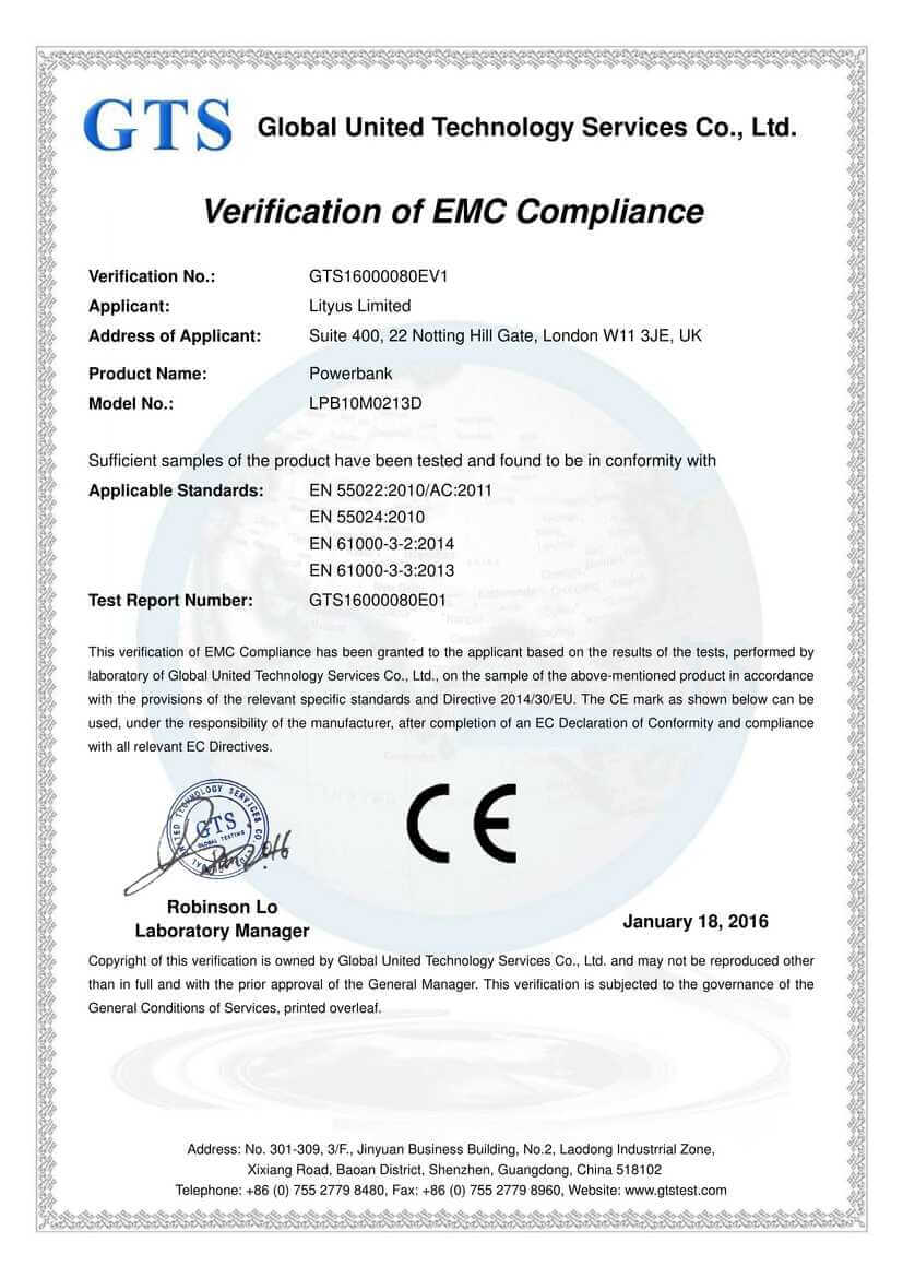 <p>Lityus PowerBank 10.000mAh CE Certificate</p>