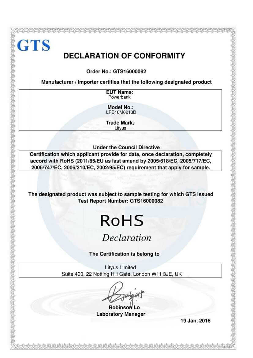 <p>Lityus PowerBank 10.000mAh RoHS Certificate</p>
