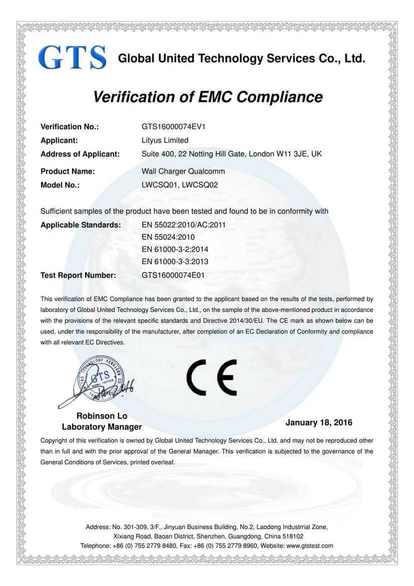 <p>Lityus Qualcomm Wall Charger Single USB EMC CE Certificate</p>