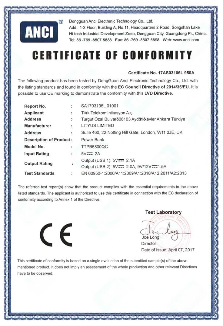 <p>Turk Telekom Qualcomm Power Bank LVD CE Certificate</p>