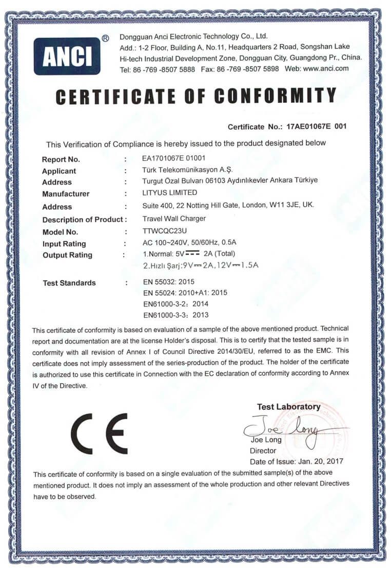 <p>Turk Telekom Qualcomm Travel Wall Charger EMC CE Certificate</p>