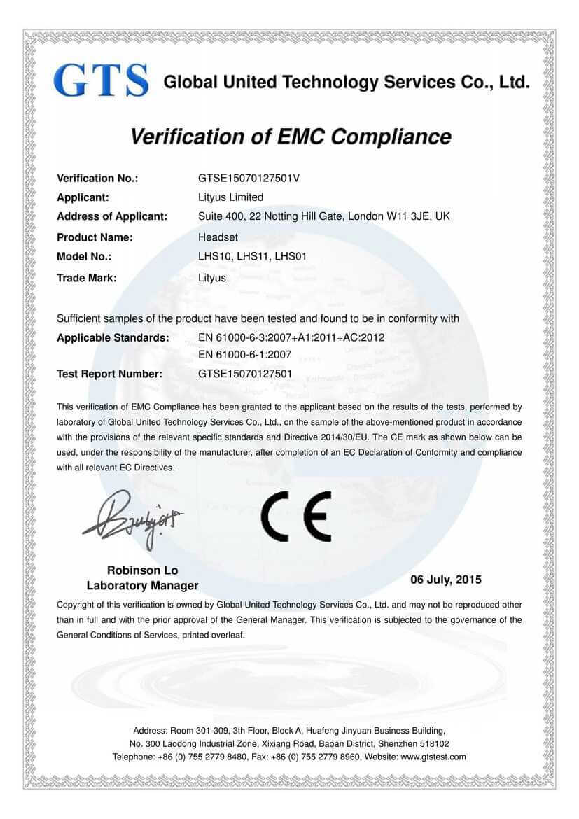 <p>Lityus Headset CE Certificate</p>