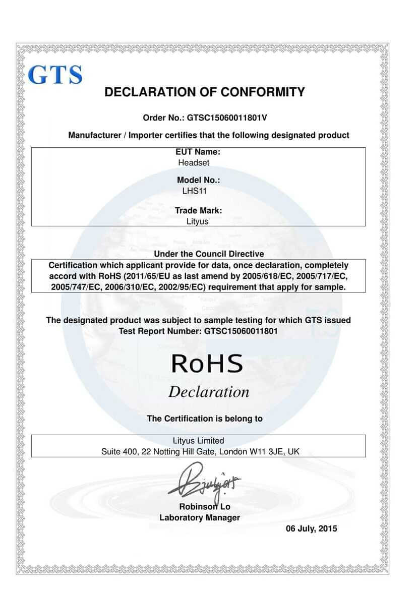 <p>Lityus Headset Gold RoHS Certificate</p>
