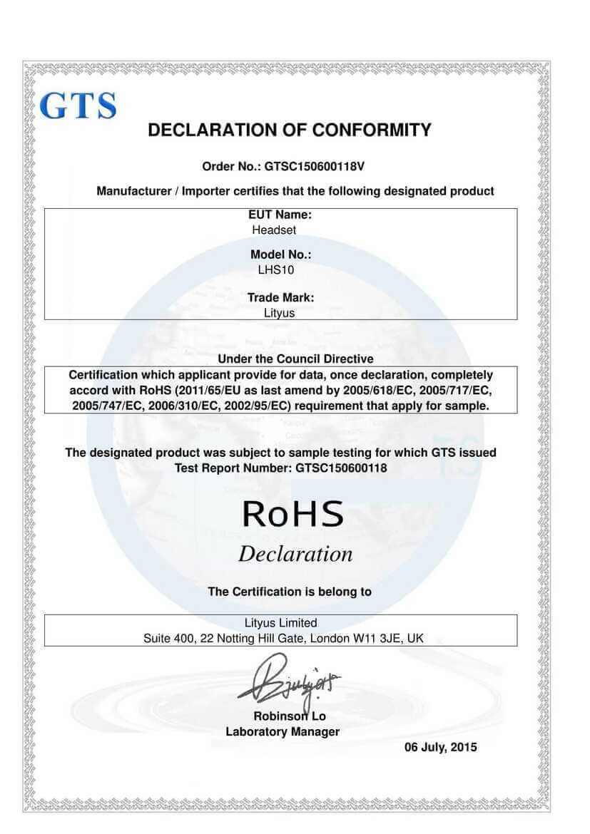 <p>Lityus Headset Silver RoHS Certificate</p>
