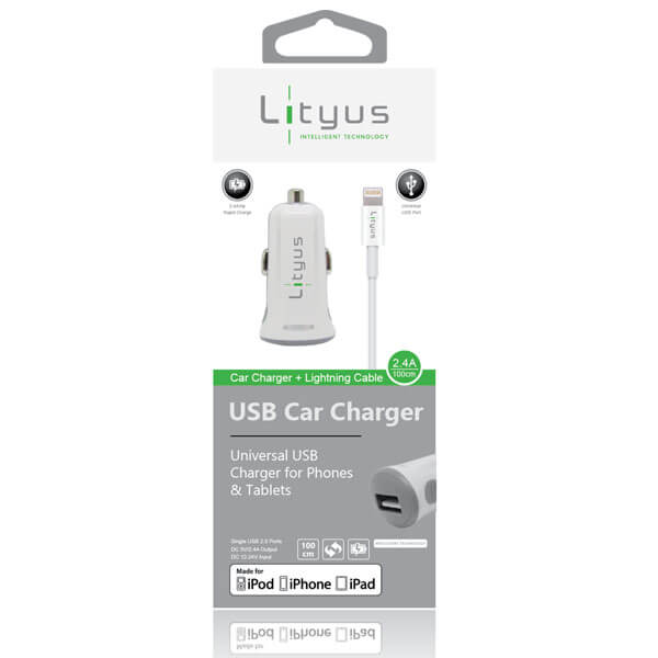 Lityus Car Charger Single USB 2.4A Lightning Cable White
