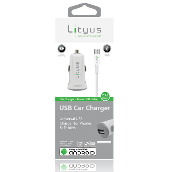 Lityus Car Charger Single USB 2.4A White