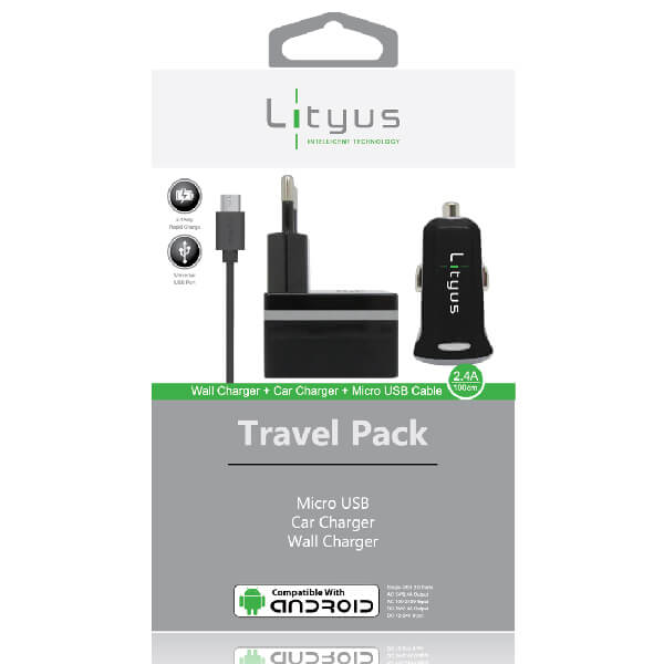 Lityus Wall Car Charger Single USB 2.4A Micro Cable Black