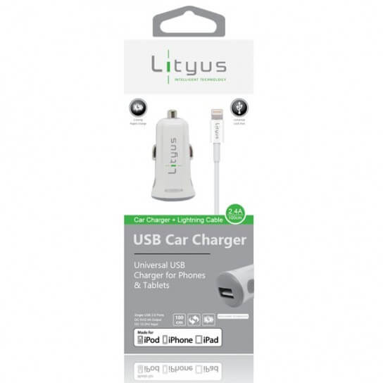 Lityus Car Charger Single USB 2.4A Apple Data Cable MFI White