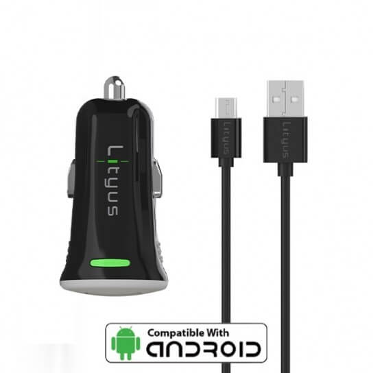 Lityus Car Charger Single USB 2.4A Micro Data Cable Black