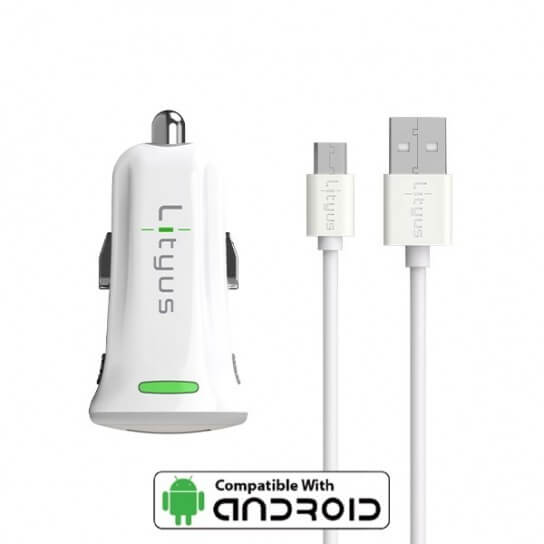 Lityus Car Charger Single USB 2.4A Micro Data Cable White