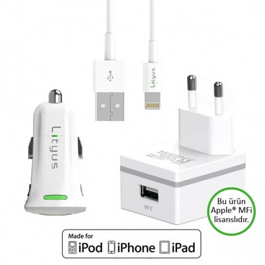 Lityus Wall Car Charger Single USB 2.4A Lightning Cable White