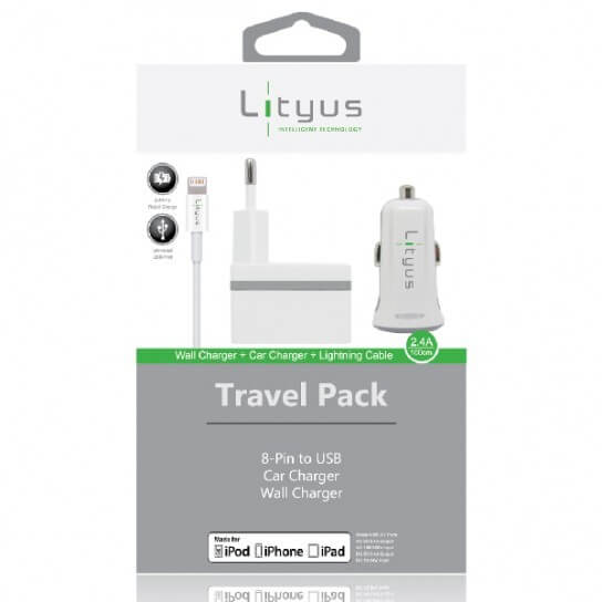 Lityus Wall Car Charger Single USB 2.4A Lightning Cable White